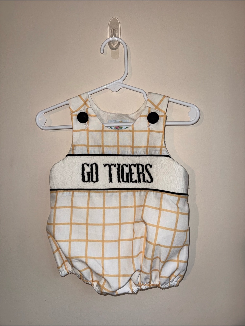 Yellow Grid Baby Romper with 'GO TIGERS' Embroidery